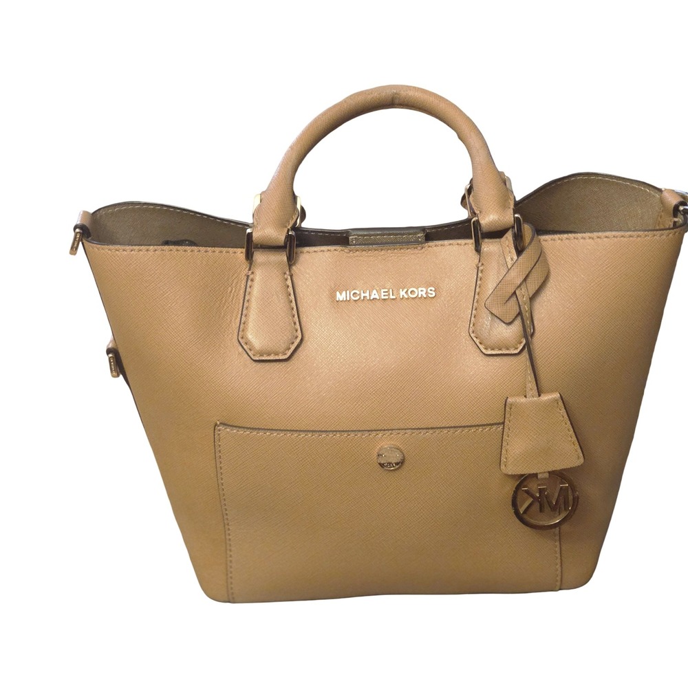 Michael Kors Tan Saffiano Leather Tote Bag Gold Hardware MK Charm